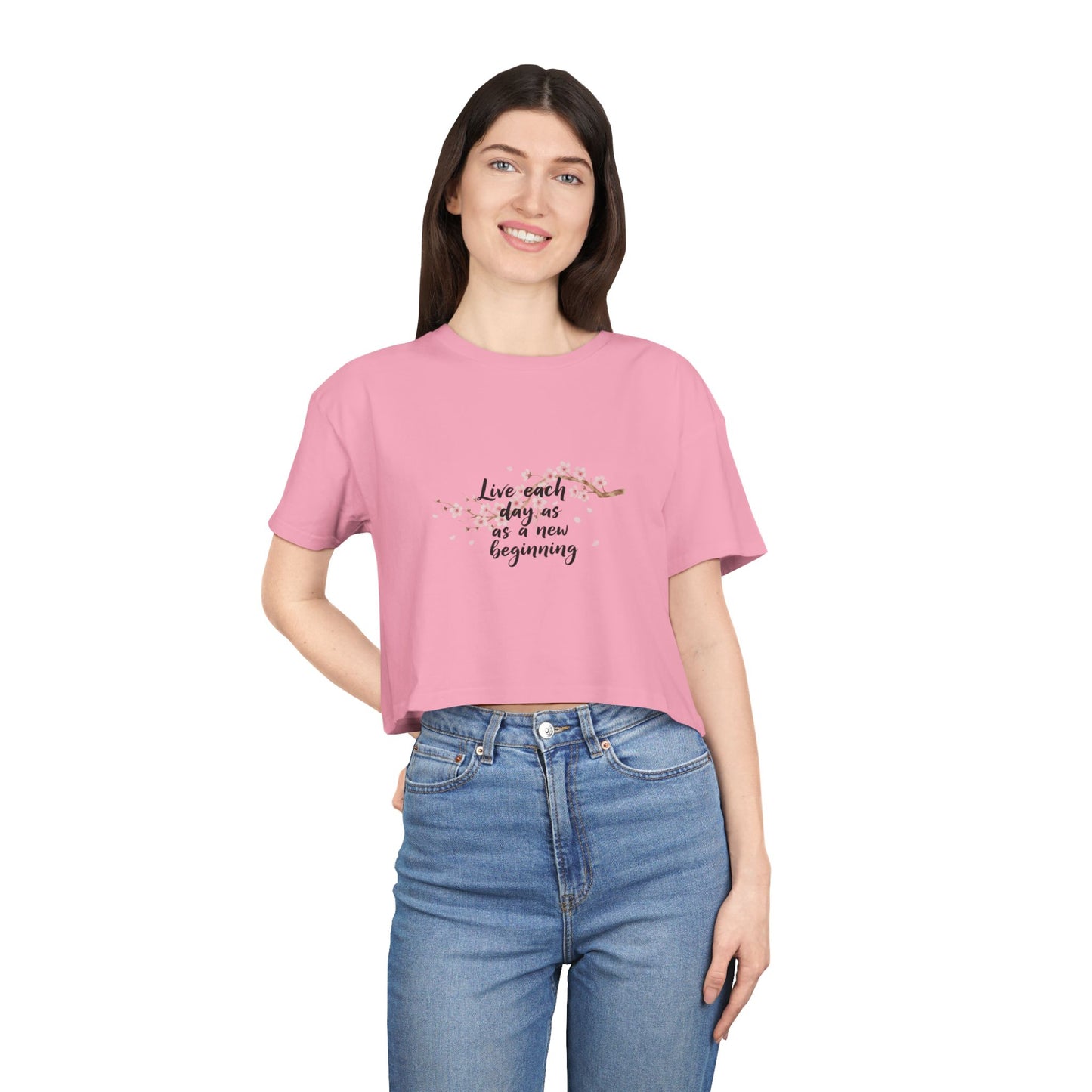 Crop Tee — Floral Cherry Blossom "Live Each Day as a New Beginning" Japanese Calligraphy