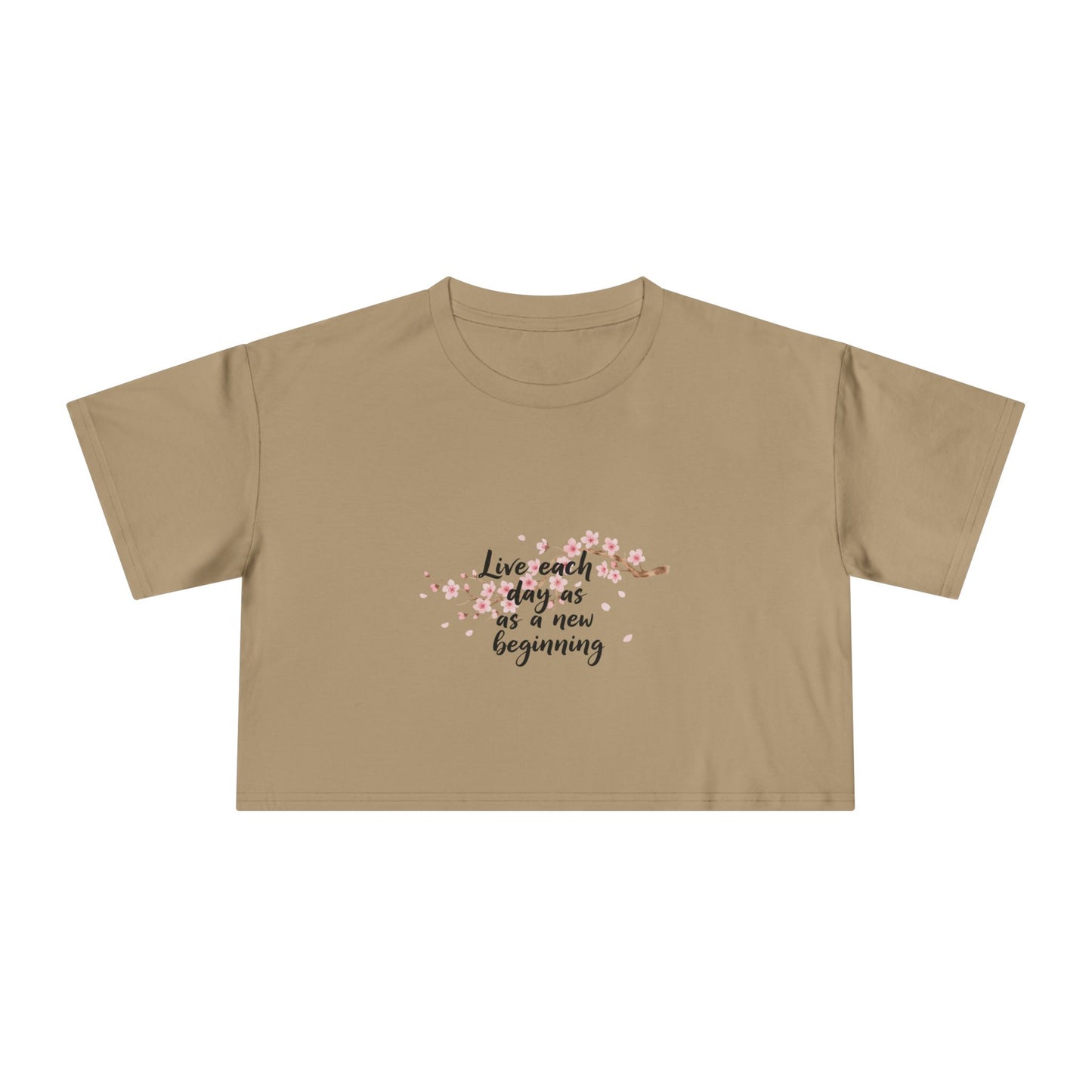 Crop Tee — Floral Cherry Blossom "Live Each Day as a New Beginning" Japanese Calligraphy