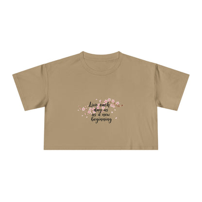 Crop Tee — Floral Cherry Blossom "Live Each Day as a New Beginning" Japanese Calligraphy