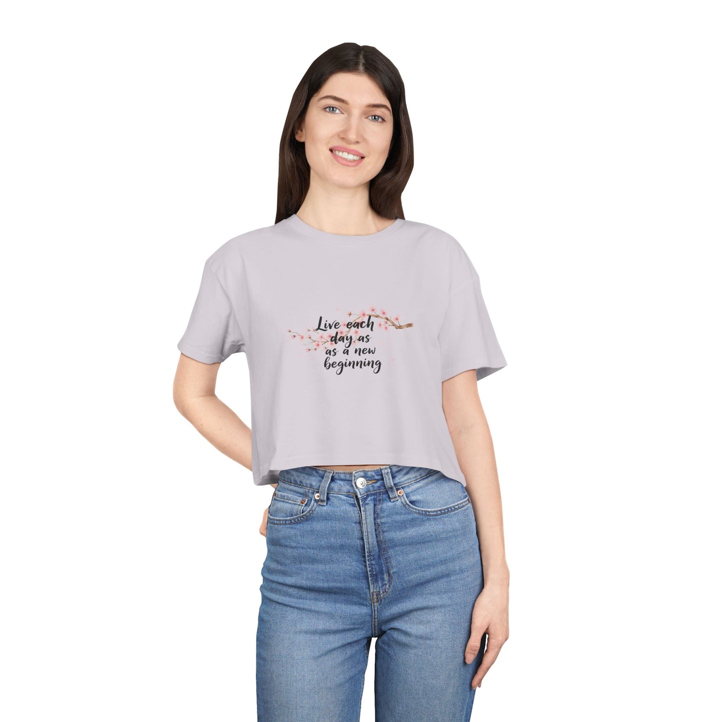 Crop Tee — Floral Cherry Blossom "Live Each Day as a New Beginning" Japanese Calligraphy