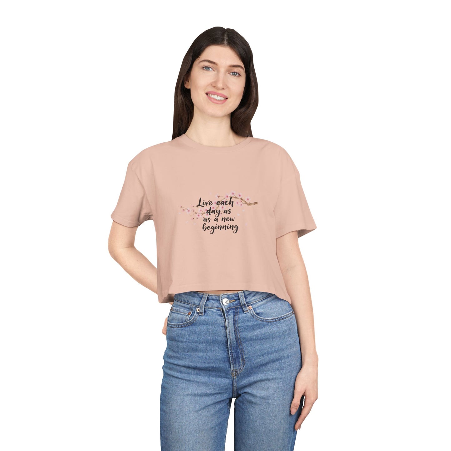 Crop Tee — Floral Cherry Blossom "Live Each Day as a New Beginning" Japanese Calligraphy