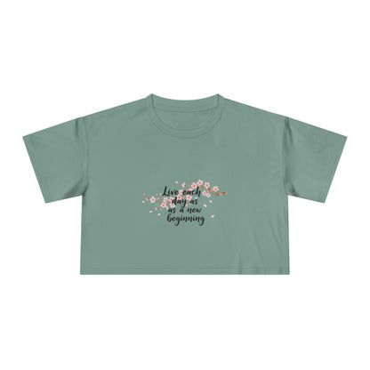 Crop Tee — Floral Cherry Blossom "Live Each Day as a New Beginning" Japanese Calligraphy