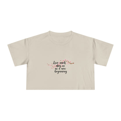 Crop Tee — Floral Cherry Blossom "Live Each Day as a New Beginning" Japanese Calligraphy