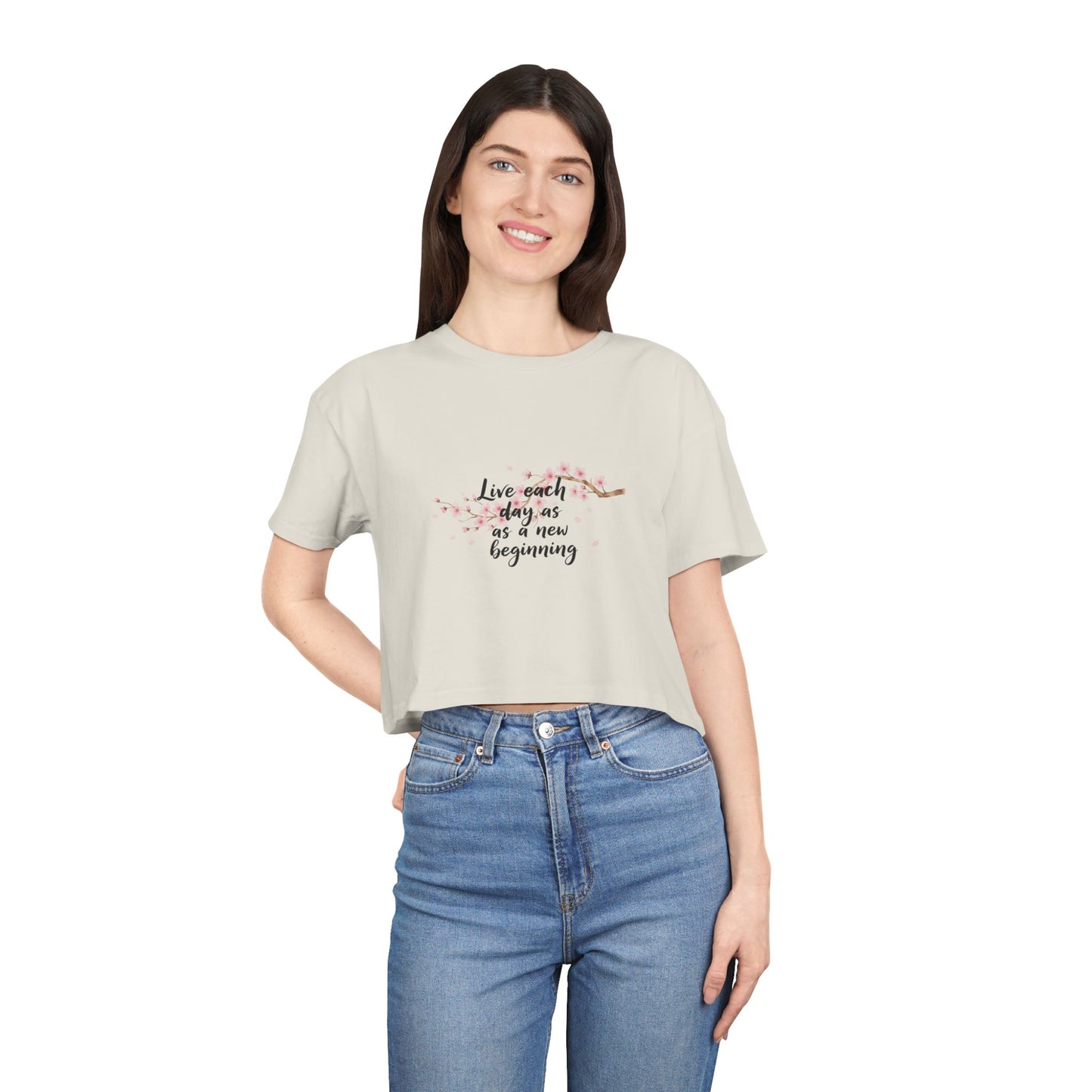 Crop Tee — Floral Cherry Blossom "Live Each Day as a New Beginning" Japanese Calligraphy