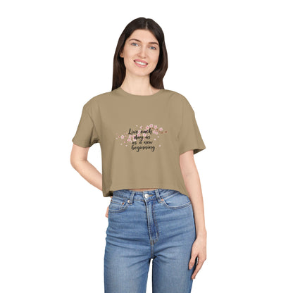 Crop Tee — Floral Cherry Blossom "Live Each Day as a New Beginning" Japanese Calligraphy