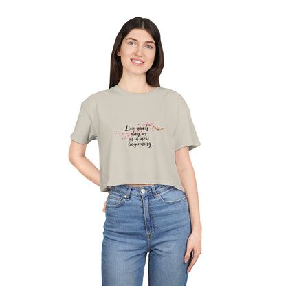 Crop Tee — Floral Cherry Blossom "Live Each Day as a New Beginning" Japanese Calligraphy