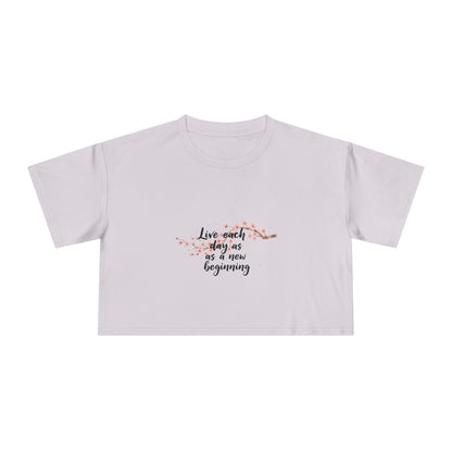 Crop Tee — Floral Cherry Blossom "Live Each Day as a New Beginning" Japanese Calligraphy