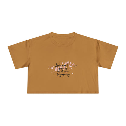 Crop Tee — Floral Cherry Blossom "Live Each Day as a New Beginning" Japanese Calligraphy