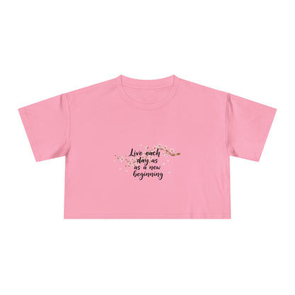 Crop Tee — Floral Cherry Blossom "Live Each Day as a New Beginning" Japanese Calligraphy