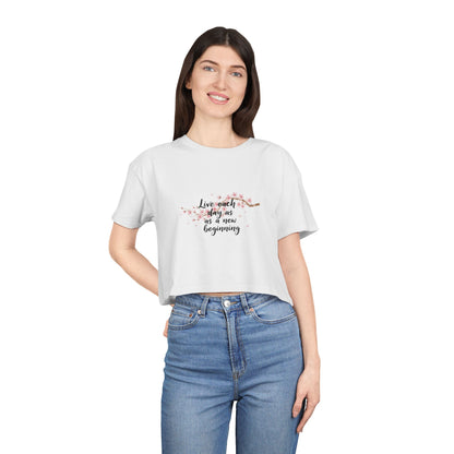 Crop Tee — Floral Cherry Blossom "Live Each Day as a New Beginning" Japanese Calligraphy
